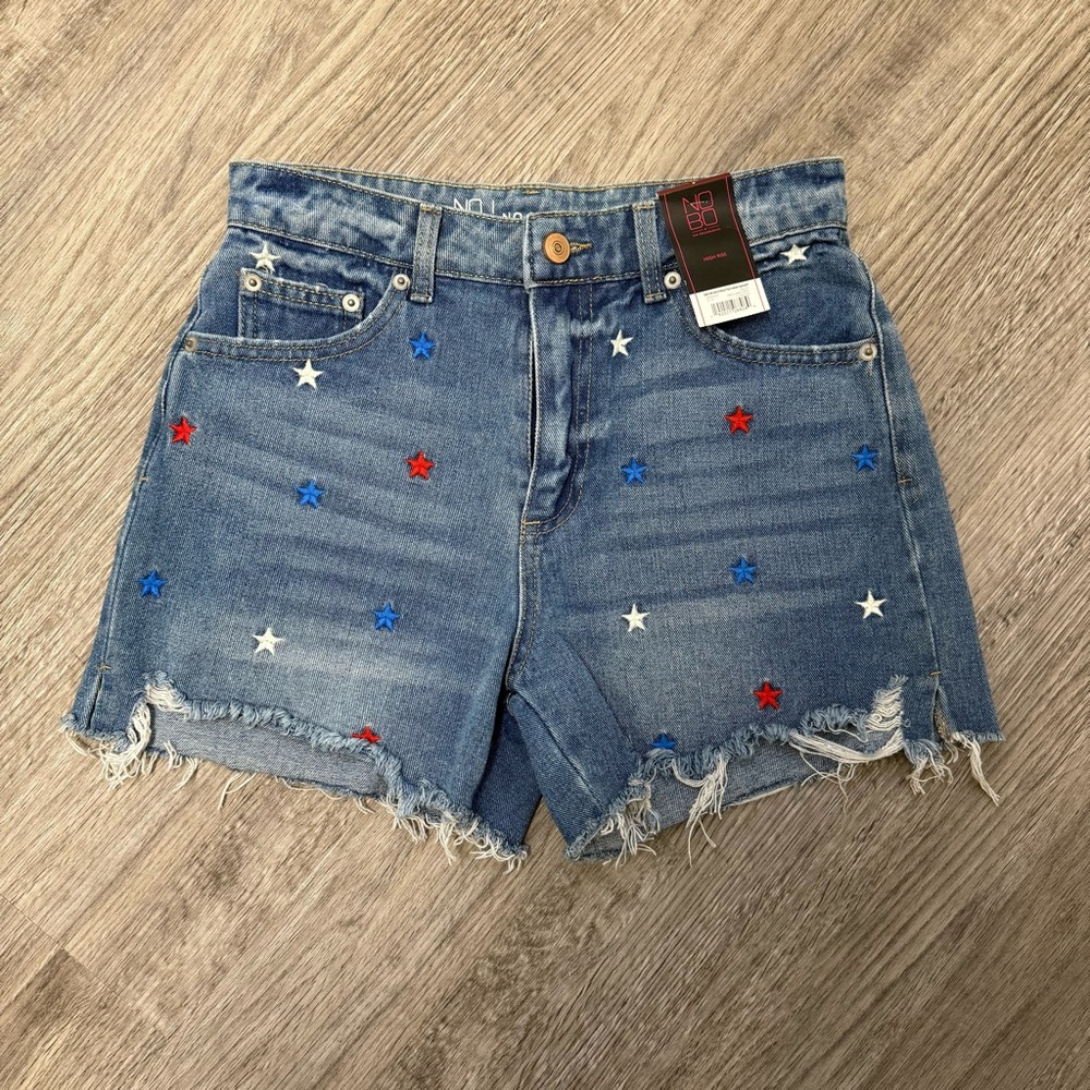 NOBO‎ Cut Off Short Jean Sz 3 Denim Stars Red White Blue Patriotic Distressed